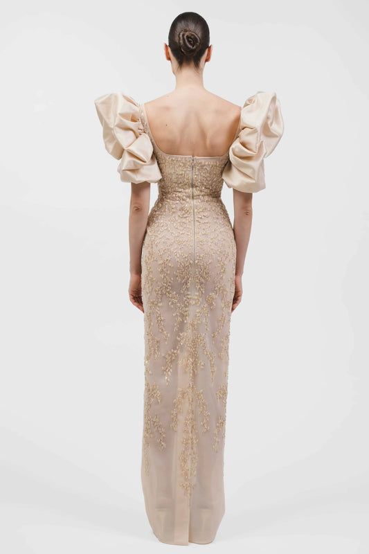 Fully Beaded Puff Sleeve Column Gown