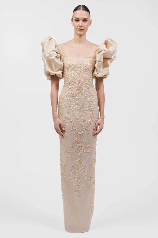 Fully Beaded Puff Sleeve Column Gown