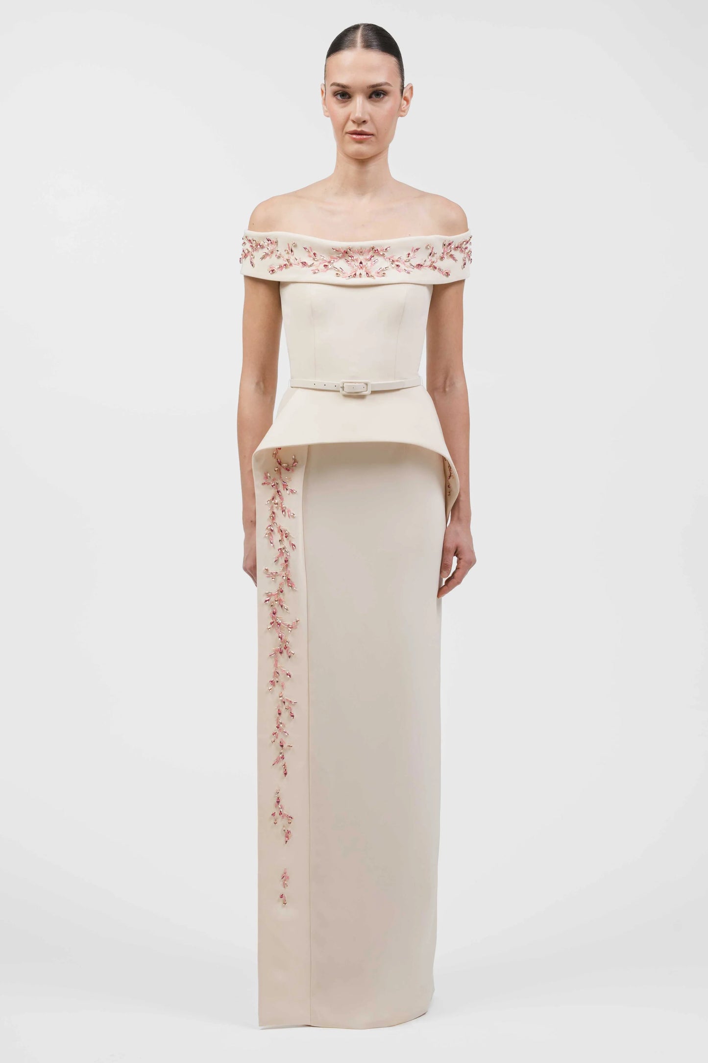 Off-Shoulder Peplum Column Gown