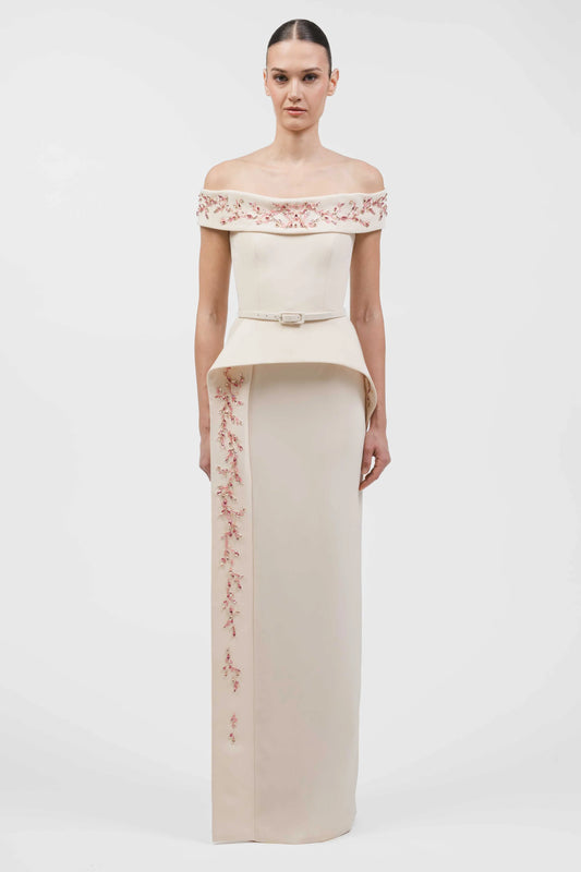 Off-Shoulder Peplum Column Gown
