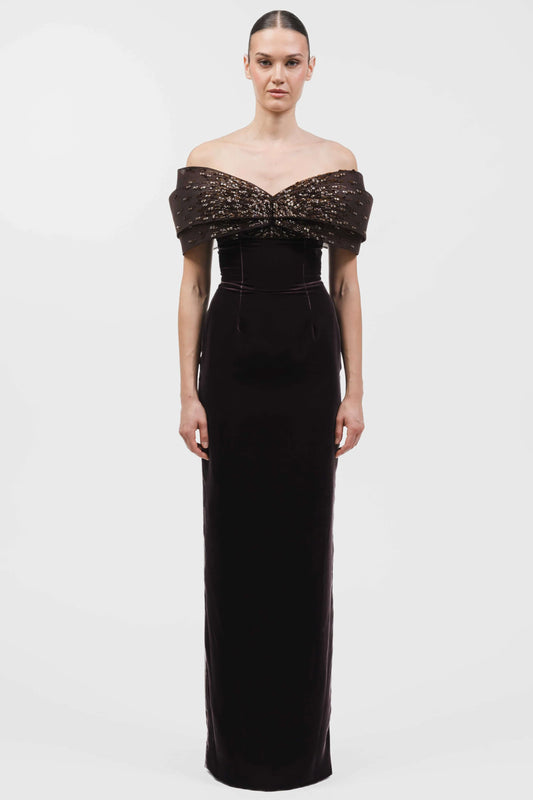 Layered Off-Shoulder Column Gown