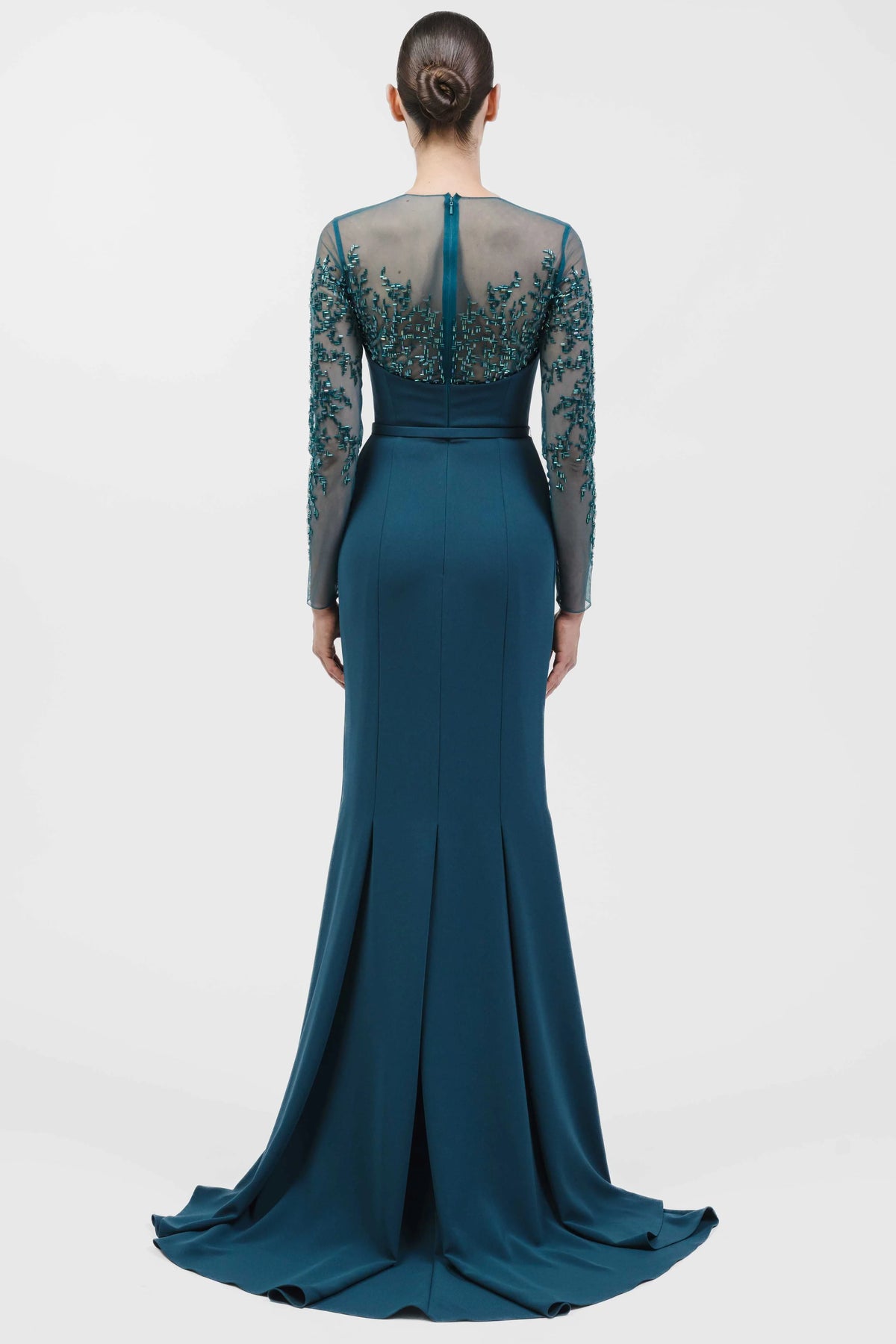 Sheer Embroidered Long Sleeve Mermaid Gown