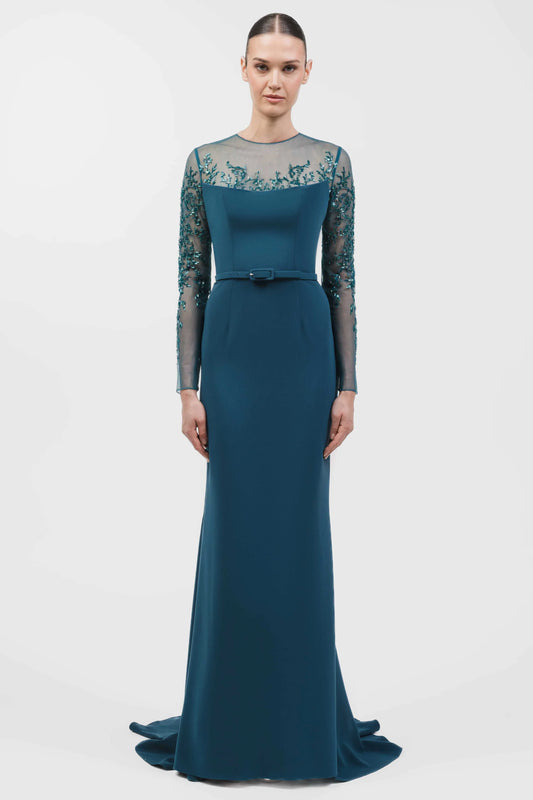 Sheer Embroidered Long Sleeve Mermaid Gown