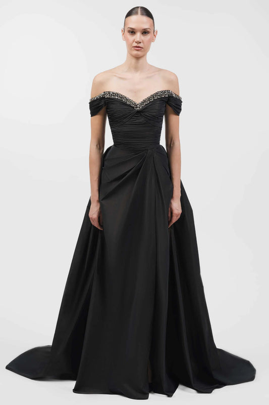 Off-Shoulder Draped Scuba Gown
