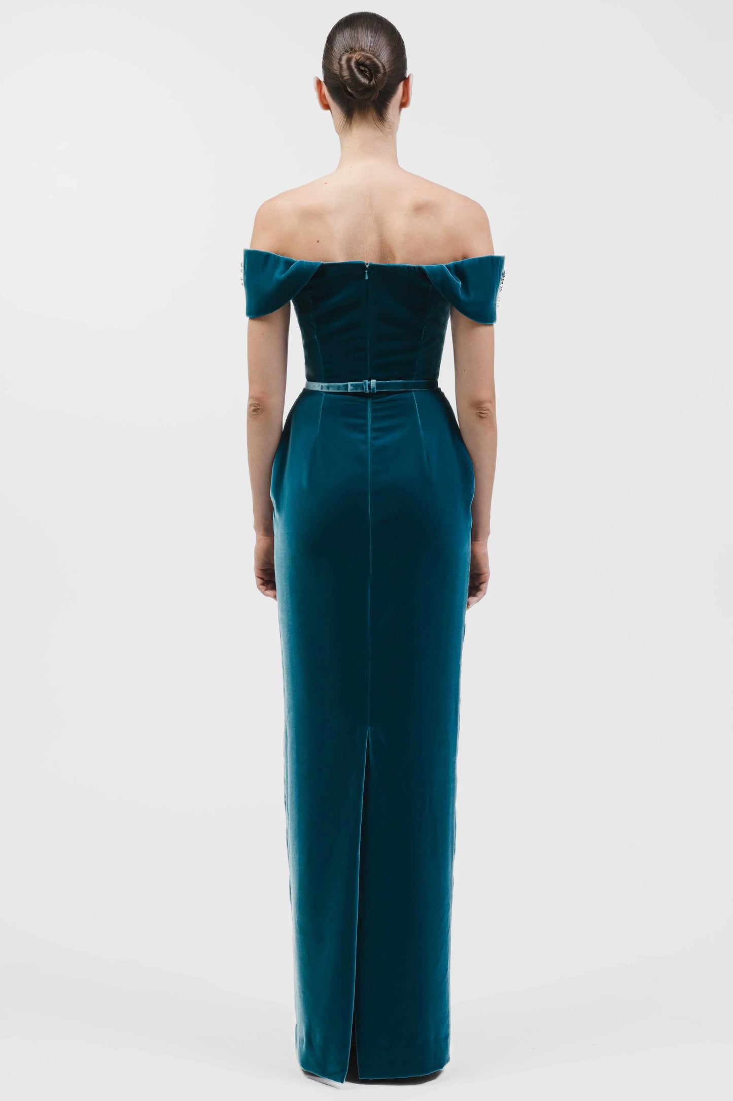 Off-Shoulder Velvet Column Gown