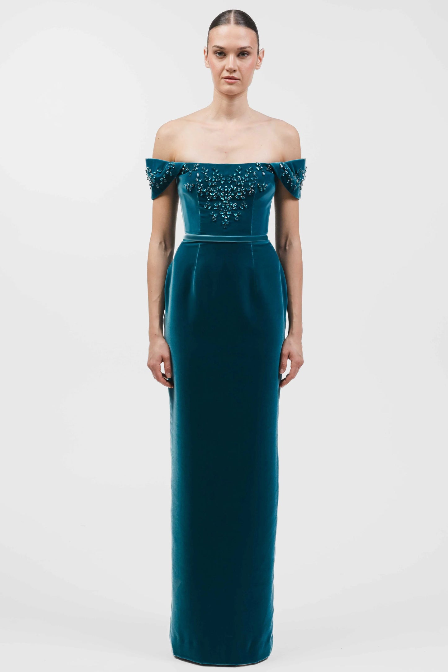 Off-Shoulder Velvet Column Gown