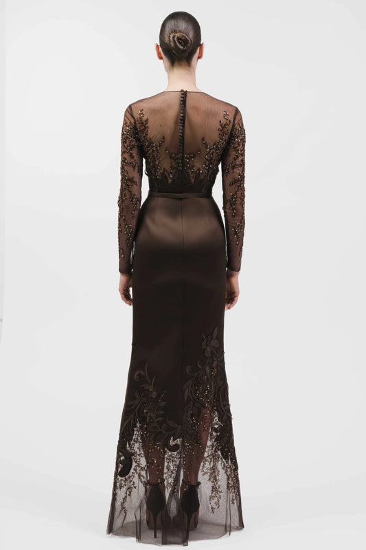Embroidered Sheer Long-Sleeve Gown
