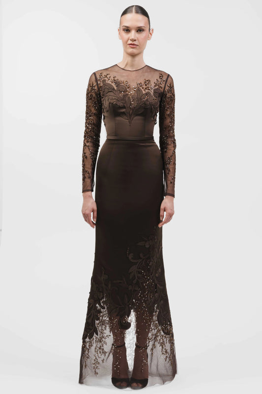 Embroidered Sheer Long-Sleeve Gown