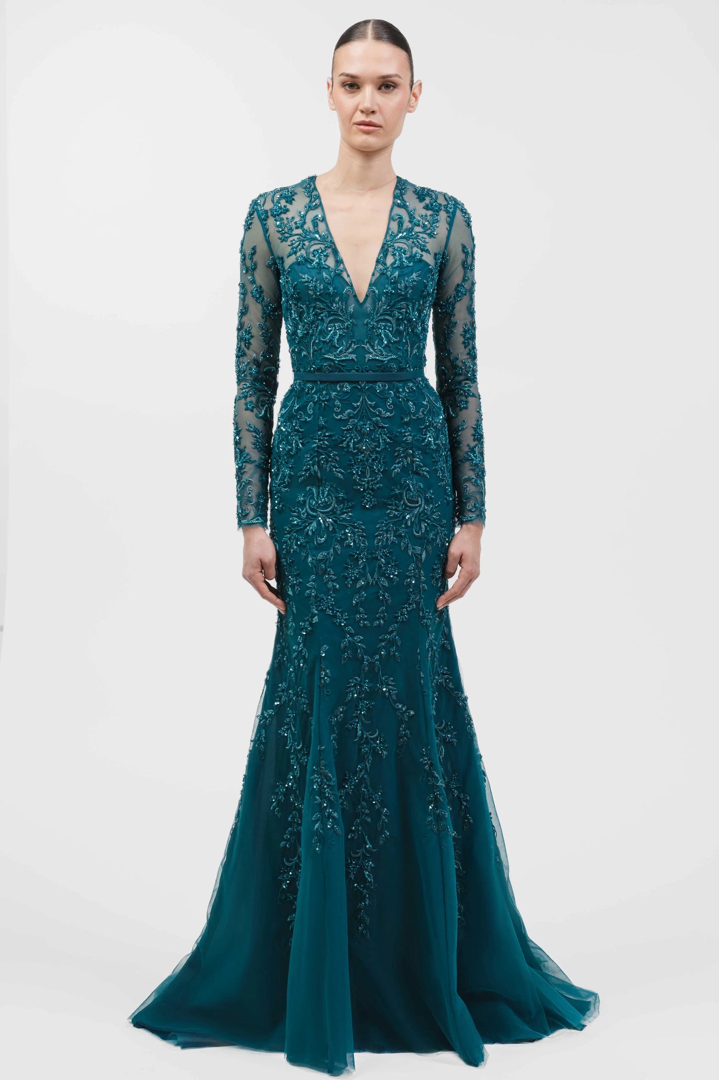 V-Neck Fully Beaded Lace Mermaid Gown