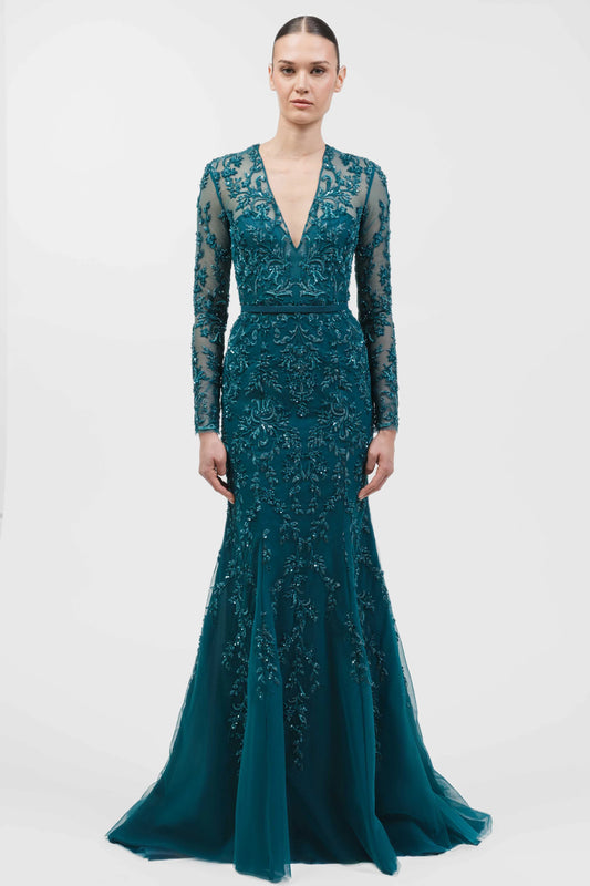V-Neck Fully Beaded Lace Mermaid Gown