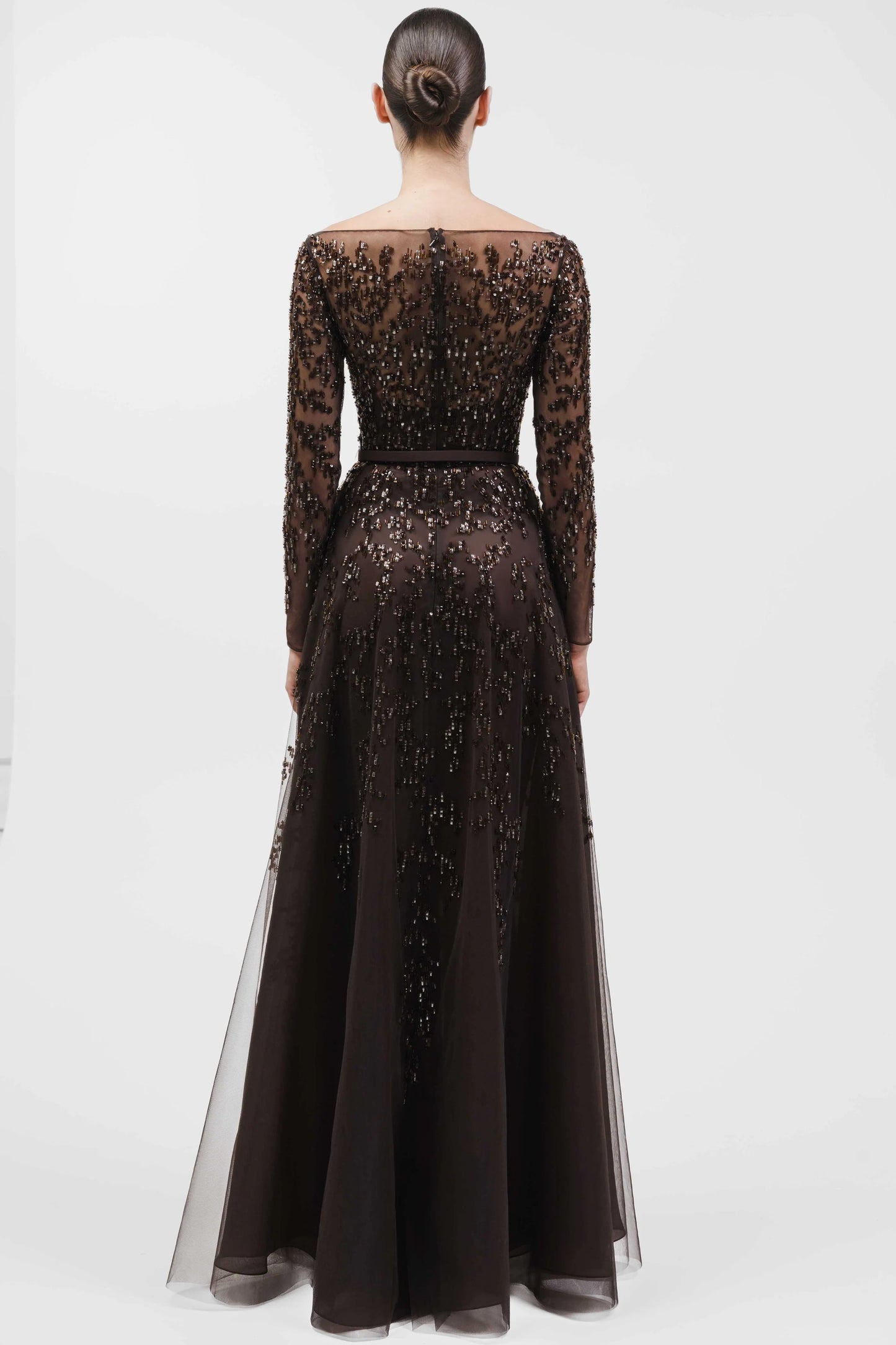 Fully Beaded Long-Sleeve Gown With Belt