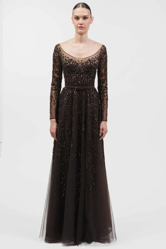 Fully Beaded Long-Sleeve Gown With Belt