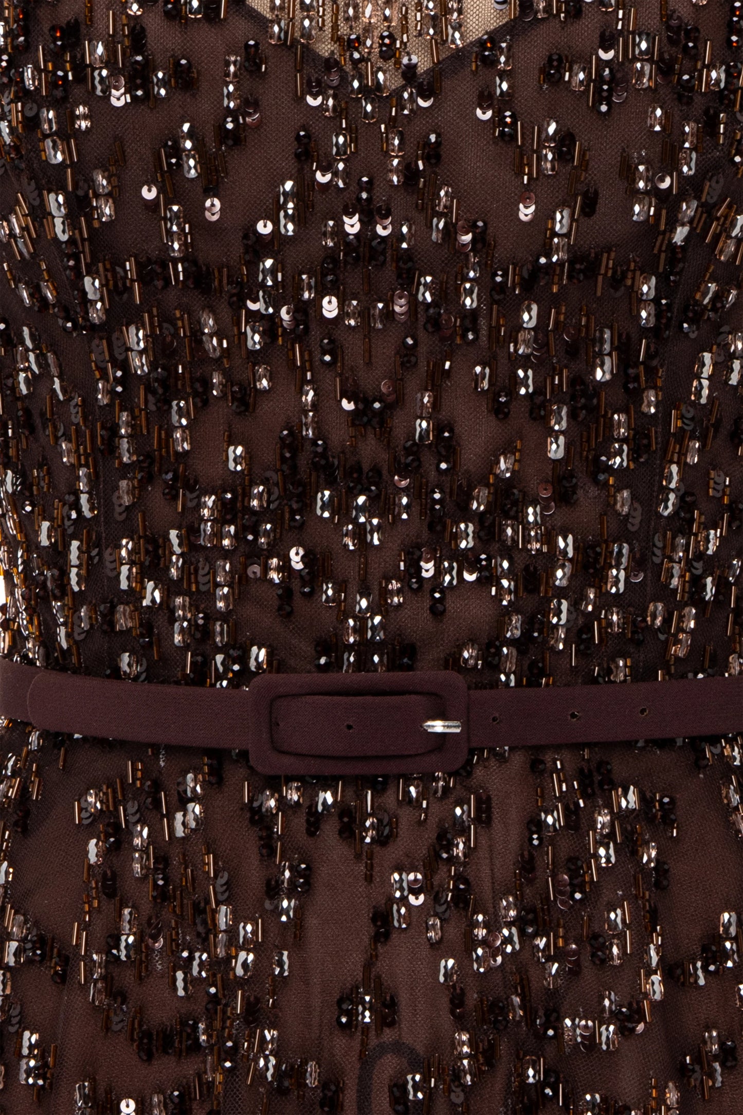 Fully Beaded Long-Sleeve Gown With Belt