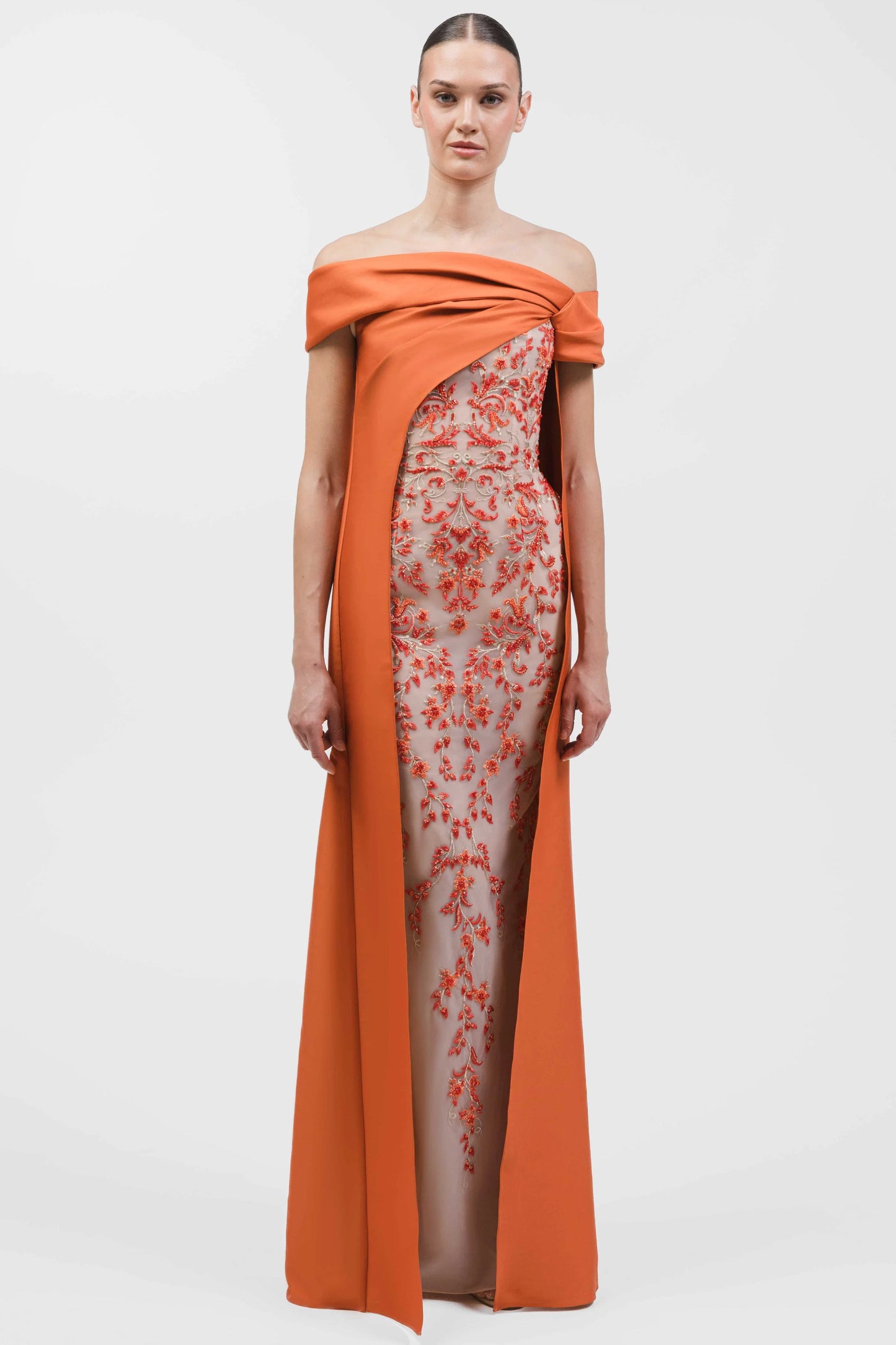 Off-Shoulder Embroidered Column Gown