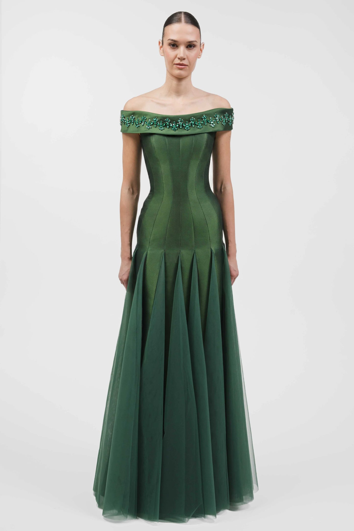 Embellished Off-Shoulder Multi-Panelled Gown