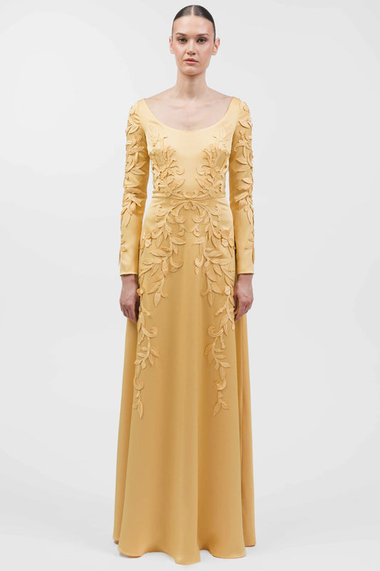 Long-Sleeve Appliqué A-Line Gown