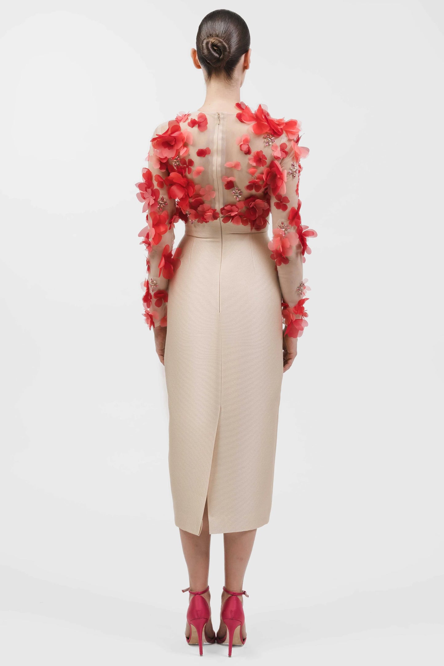Floral Appliqué Top with Tea-Length Skirt
