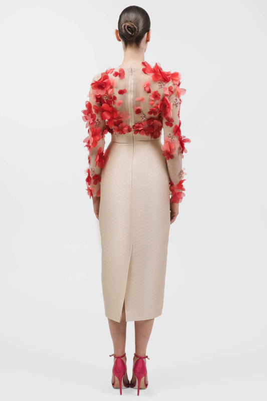 Floral Appliqué Top with Tea-Length Skirt