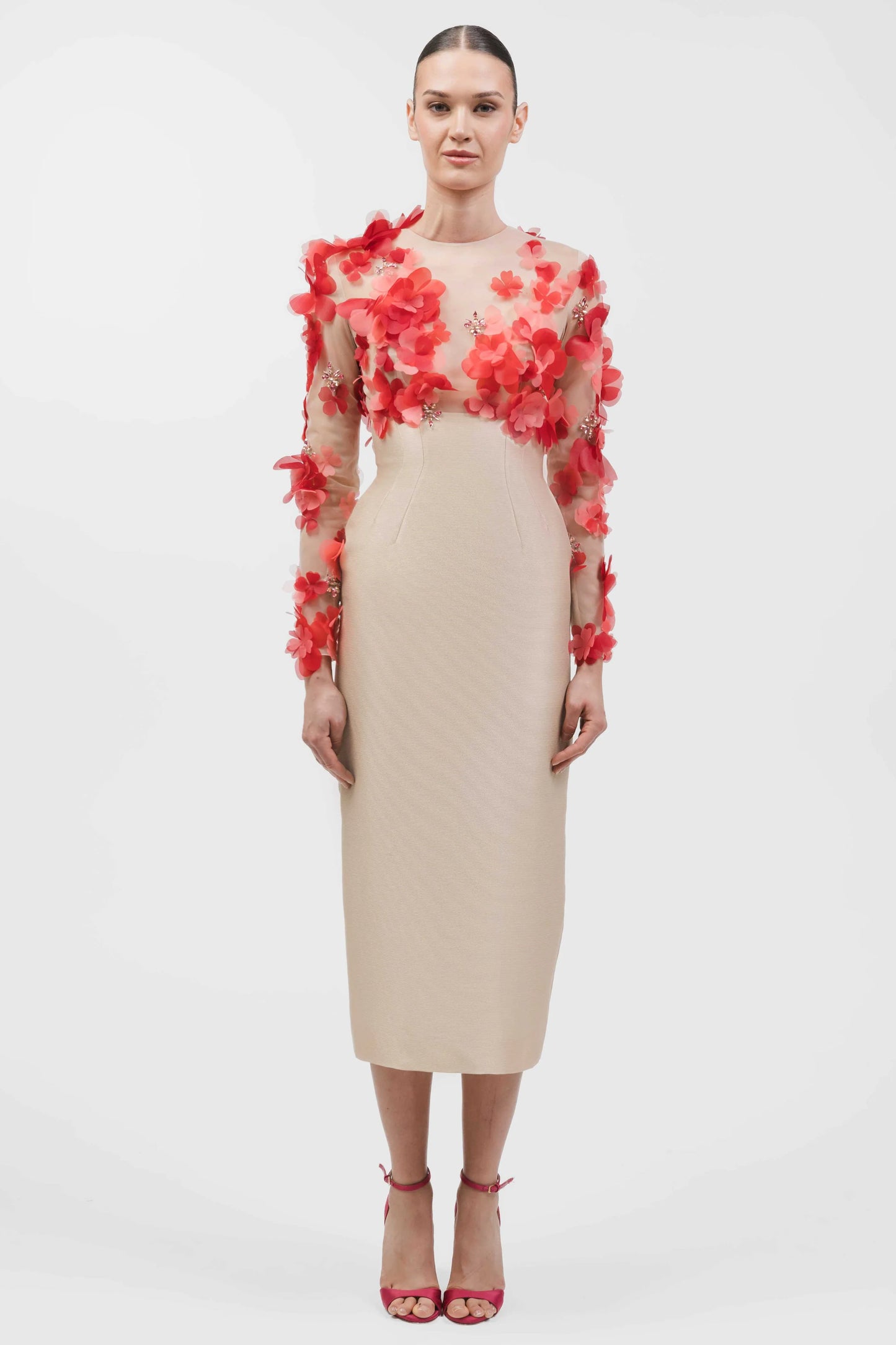 Floral Appliqué Top with Tea-Length Skirt
