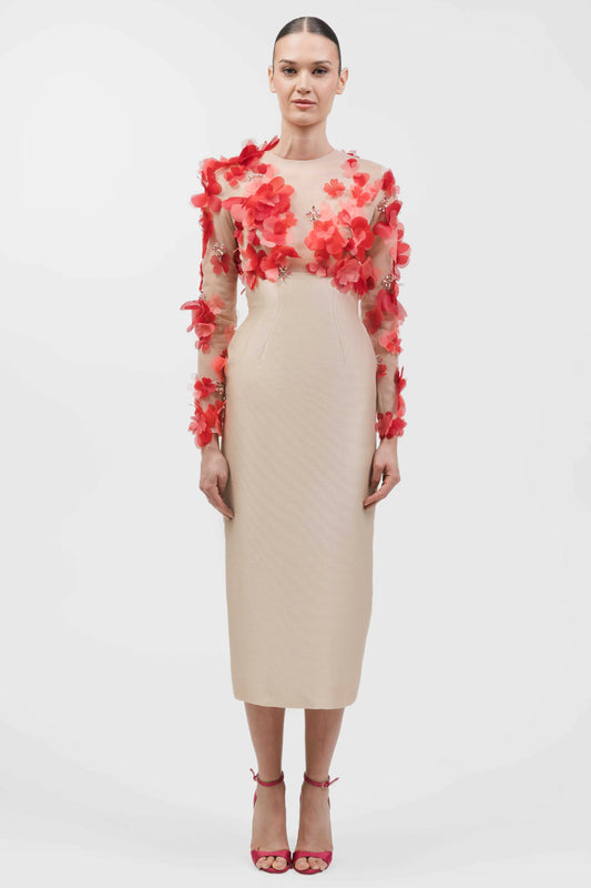 Floral Appliqué Top with Tea-Length Skirt