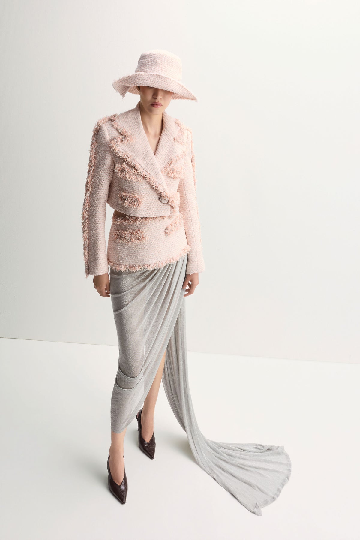 Embroidered Tweed Jacket with Draped Skirt
