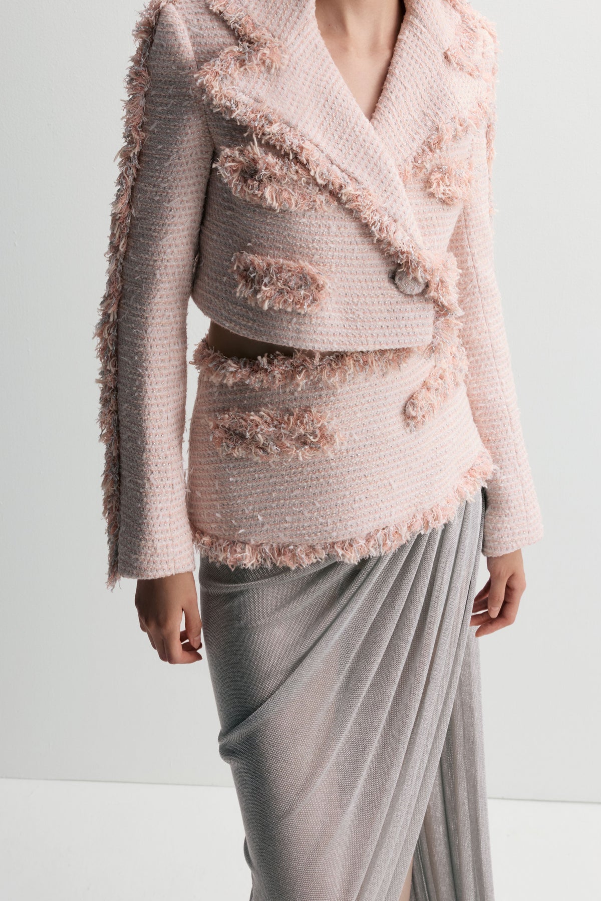 Embroidered Tweed Jacket with Draped Skirt