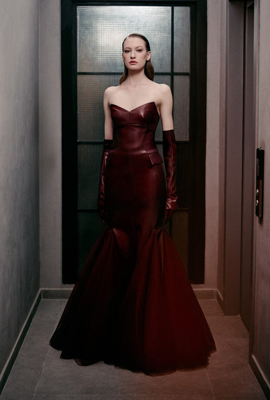 Strapless Faux Leather Gown