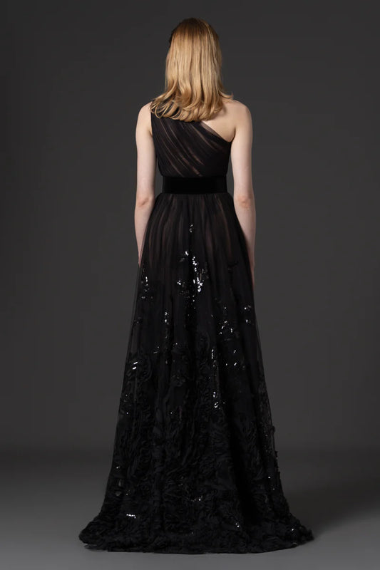 One-Shoulder Beaded Tulle Gown