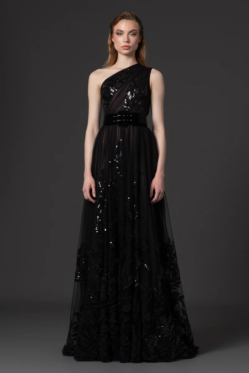 One-Shoulder Beaded Tulle Gown