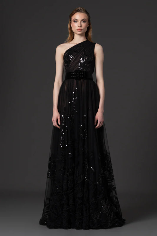 One-Shoulder Beaded Tulle Gown