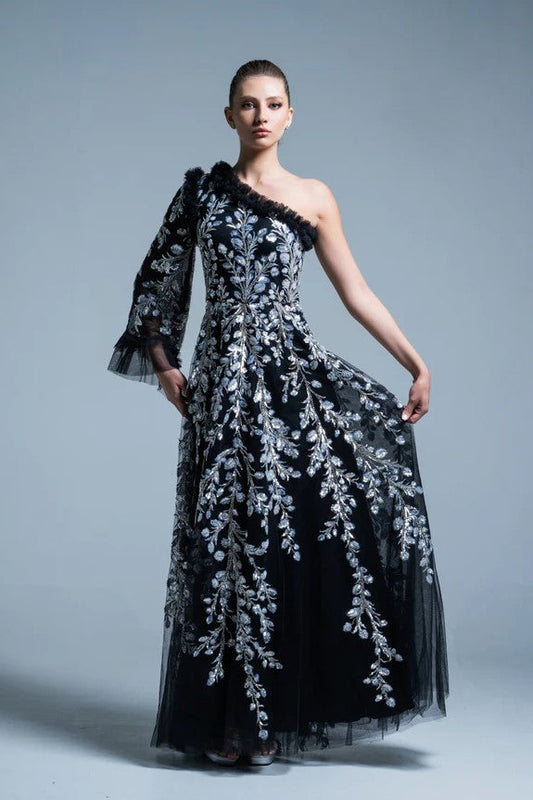 Embroidery One Sleeve Gown