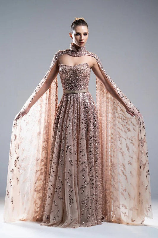 Embroidery Cape Sleeve Gown