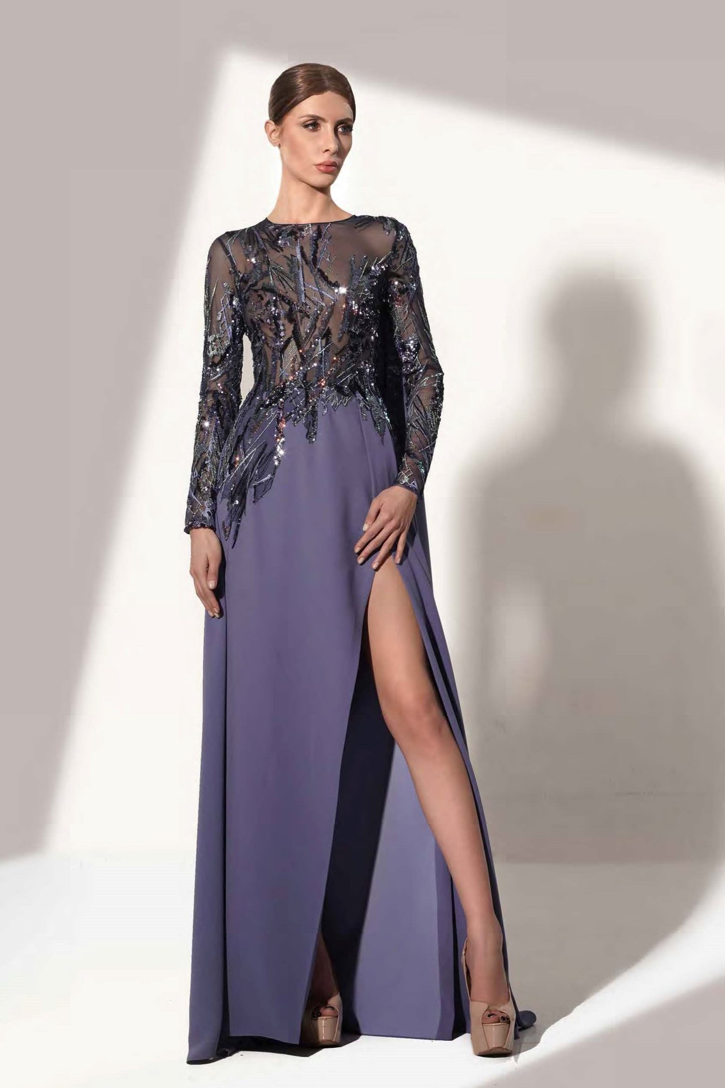 Long Sleeve Beaded Bodice Gown