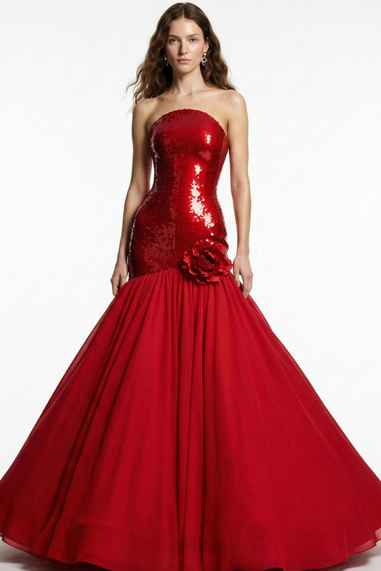 Strapless Sequin Drop-Waist Gown