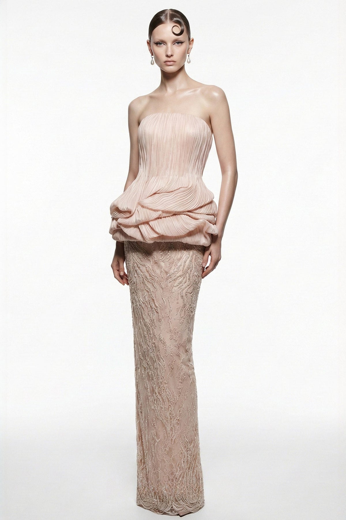 Strapless Rosette Peplum Gown