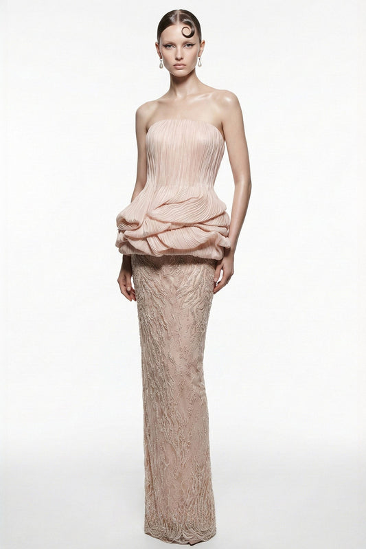 Strapless Rosette Peplum Gown
