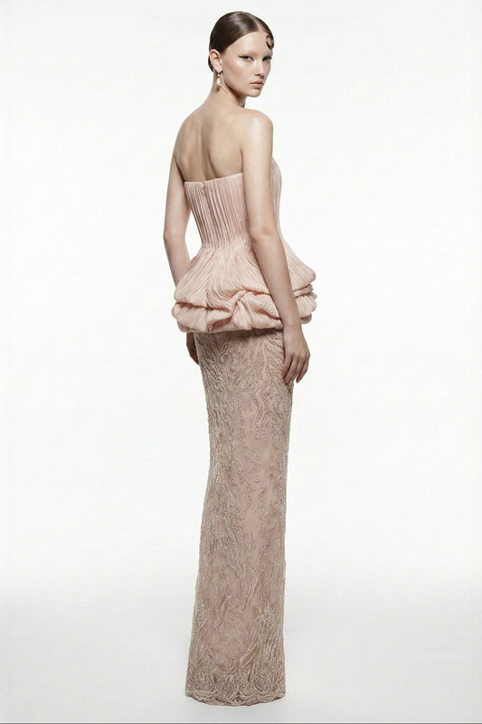 Strapless Rosette Peplum Gown