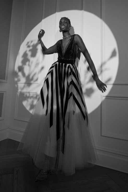 Chevron Velvet Bias Tulle Gown