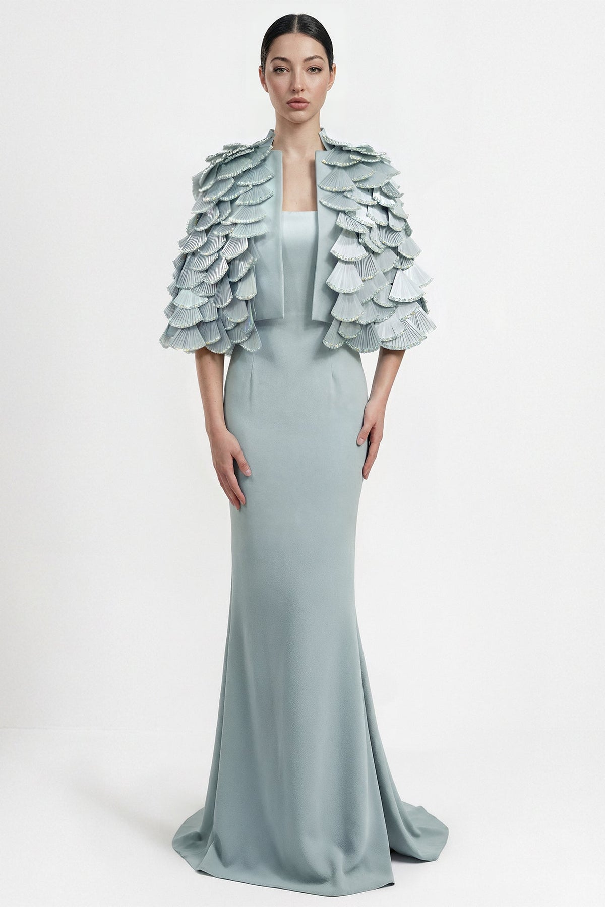 Fan-Pleated Bolero Gown