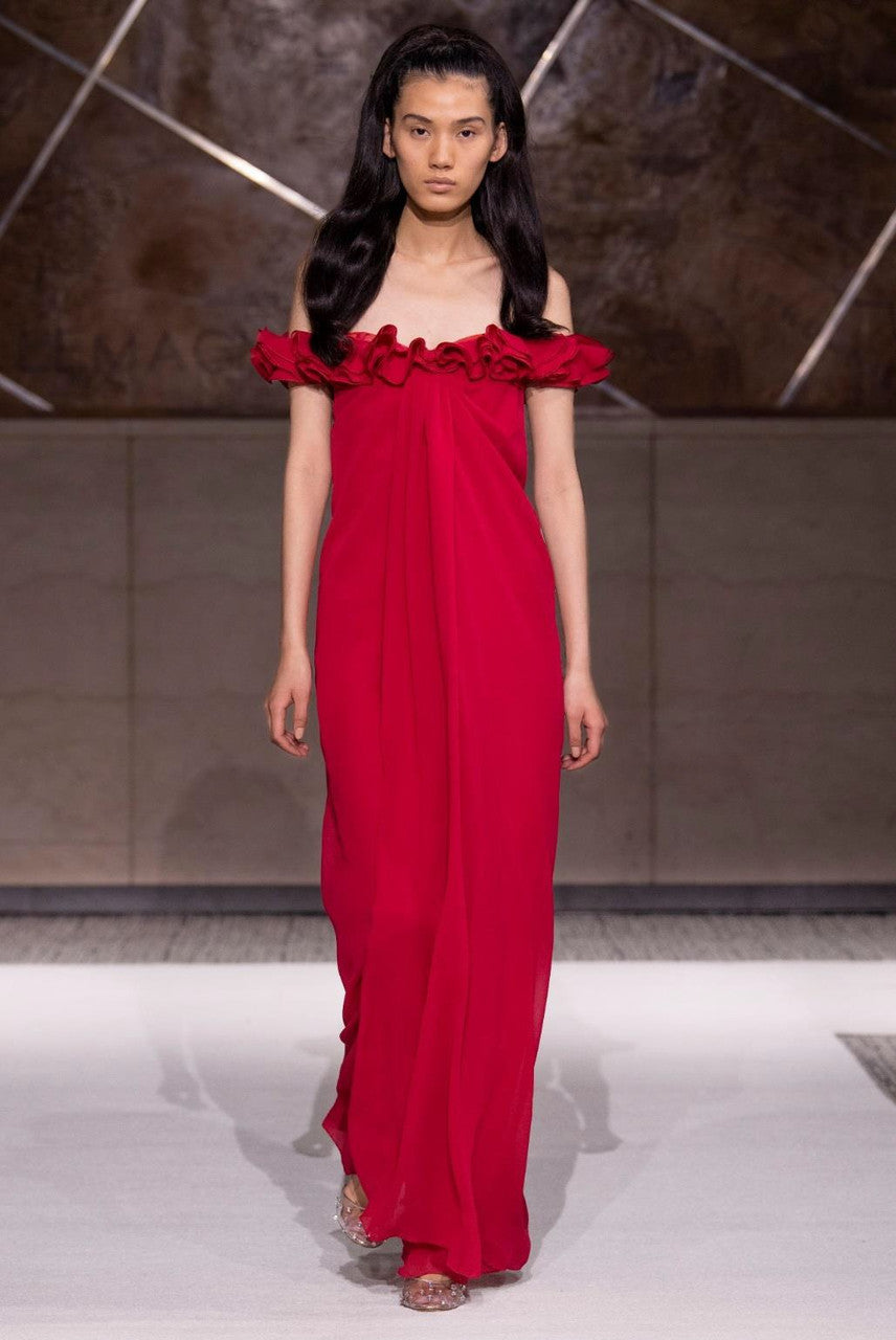 Ruffle Neck Strapless Gown