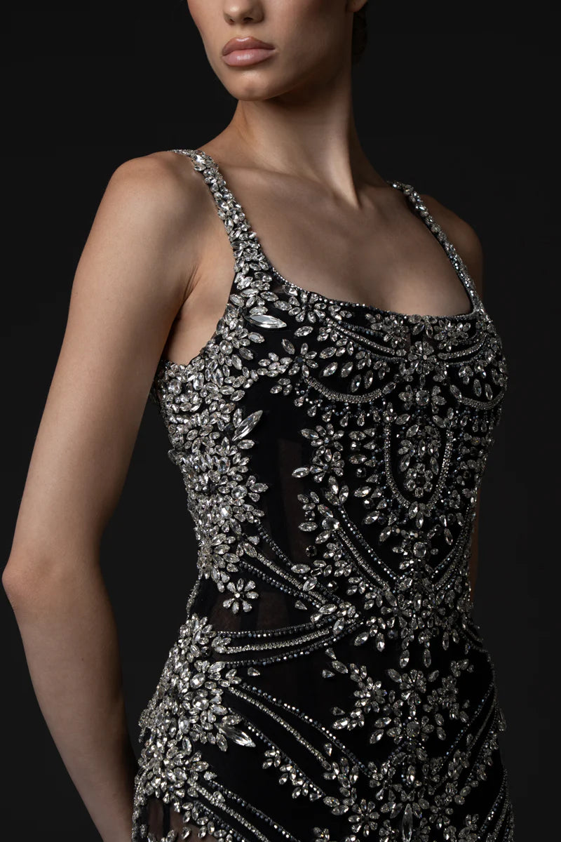 Black Crystal Embroidered Tulle Dress