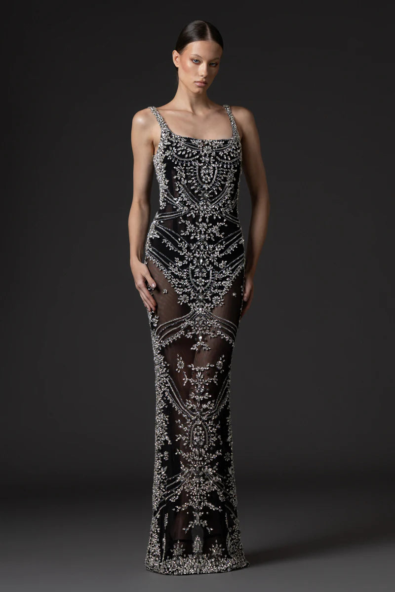 Black Crystal Embroidered Tulle Dress