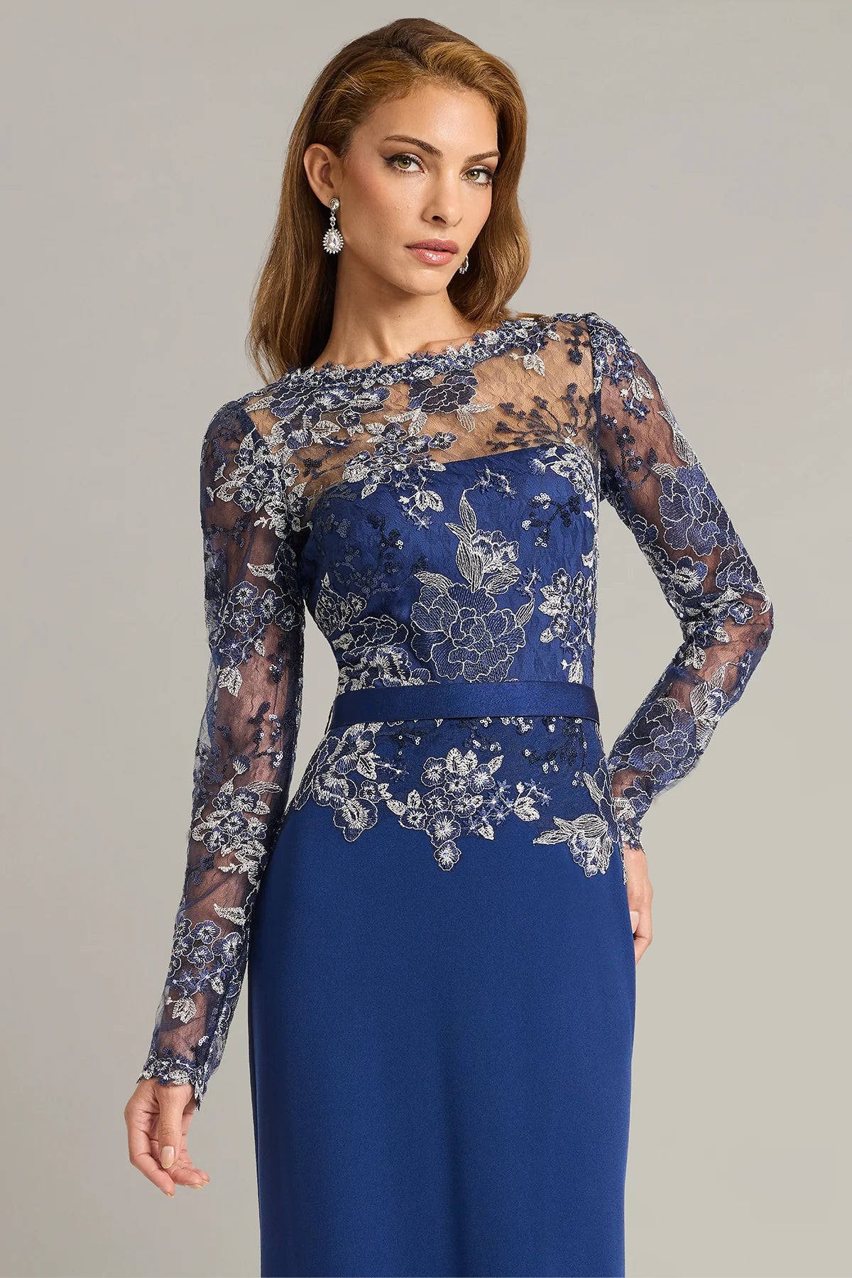 Beacon Belted Embroidered Illusion Gown