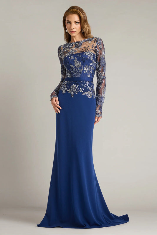 Beacon Belted Embroidered Illusion Gown