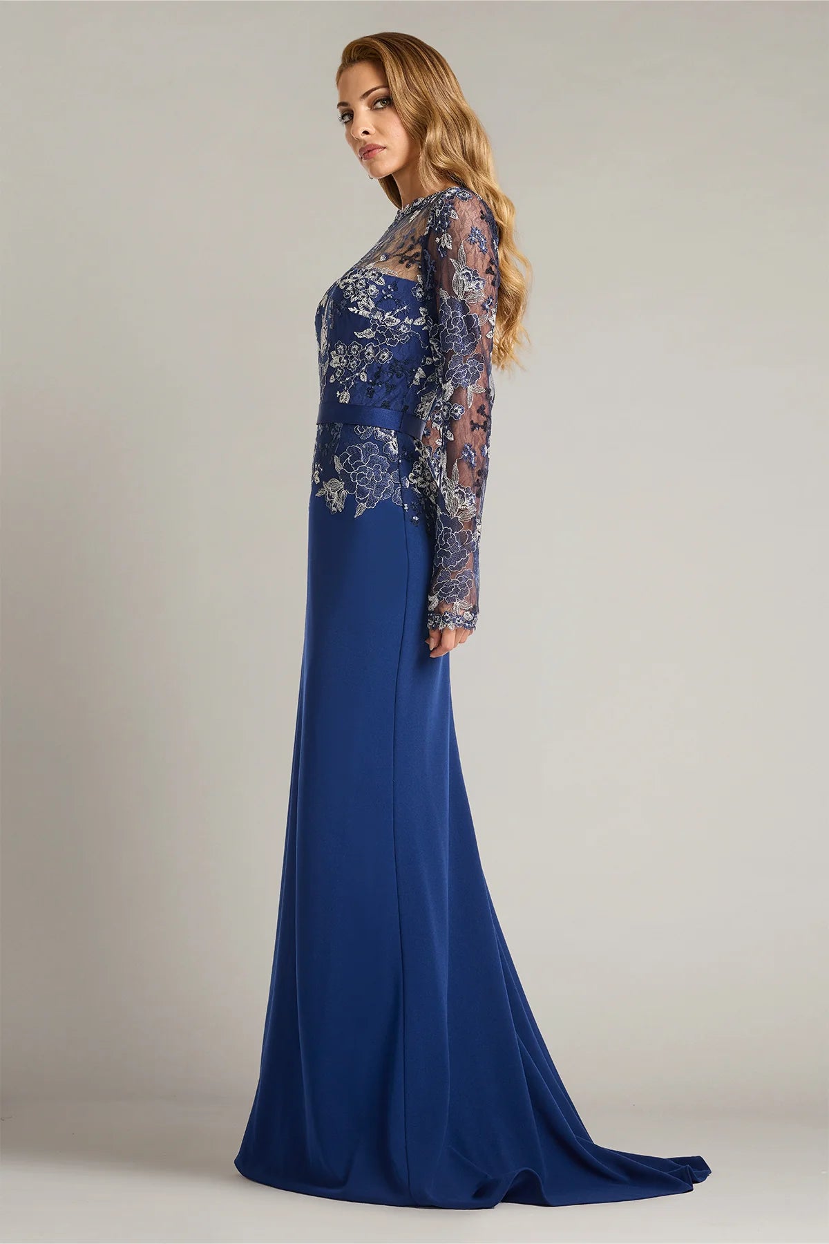 Beacon Belted Embroidered Illusion Gown