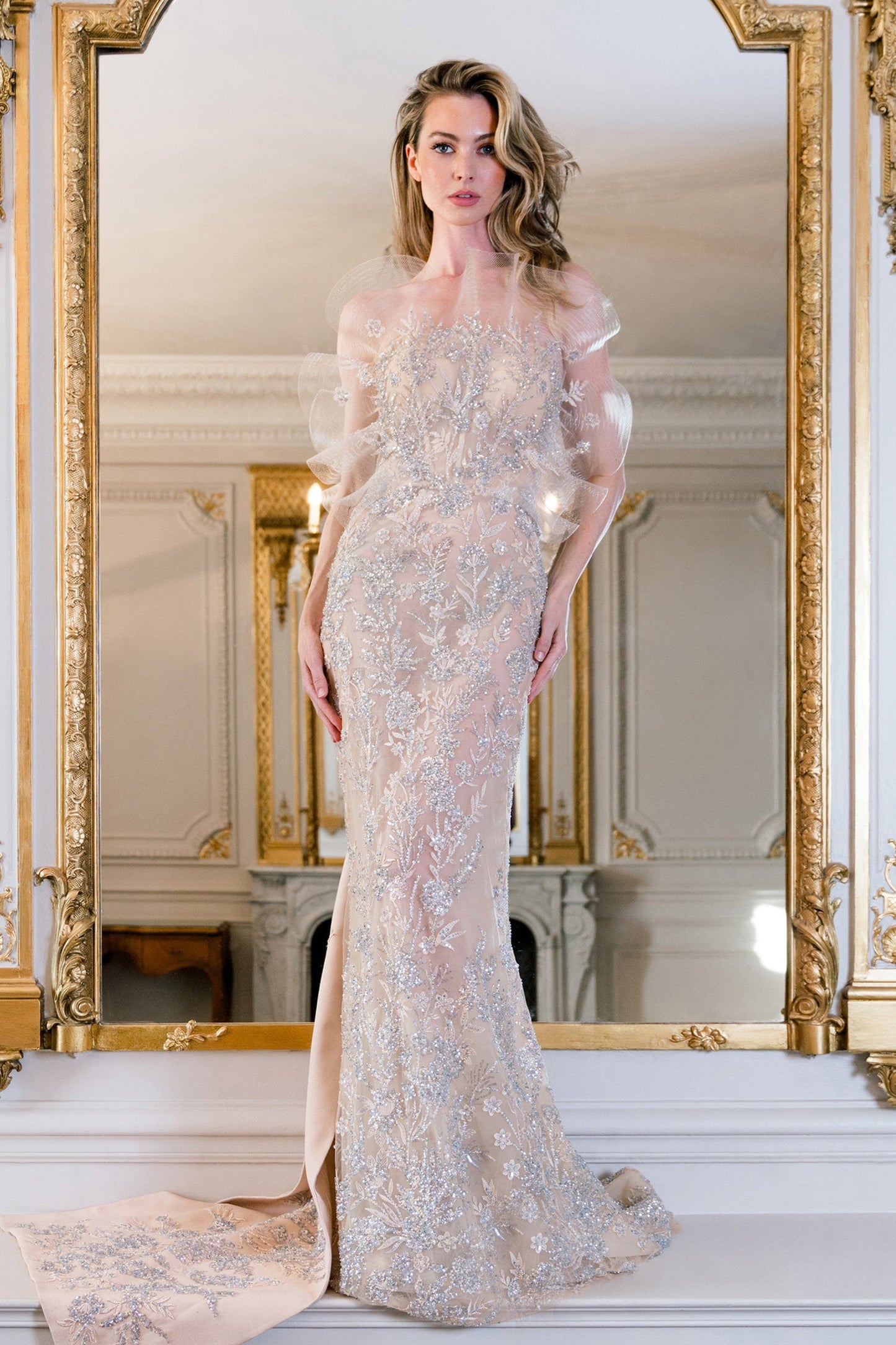 Embroidered Draped Gown