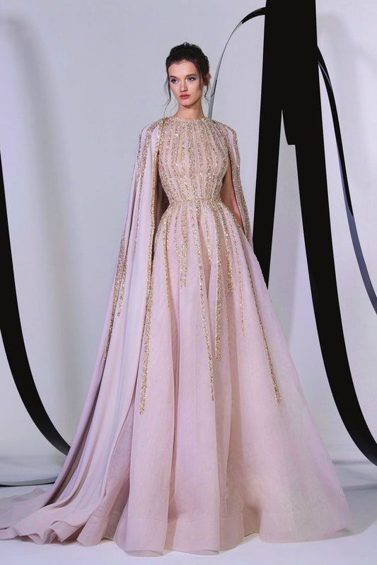 Embroidered Cape Gown
