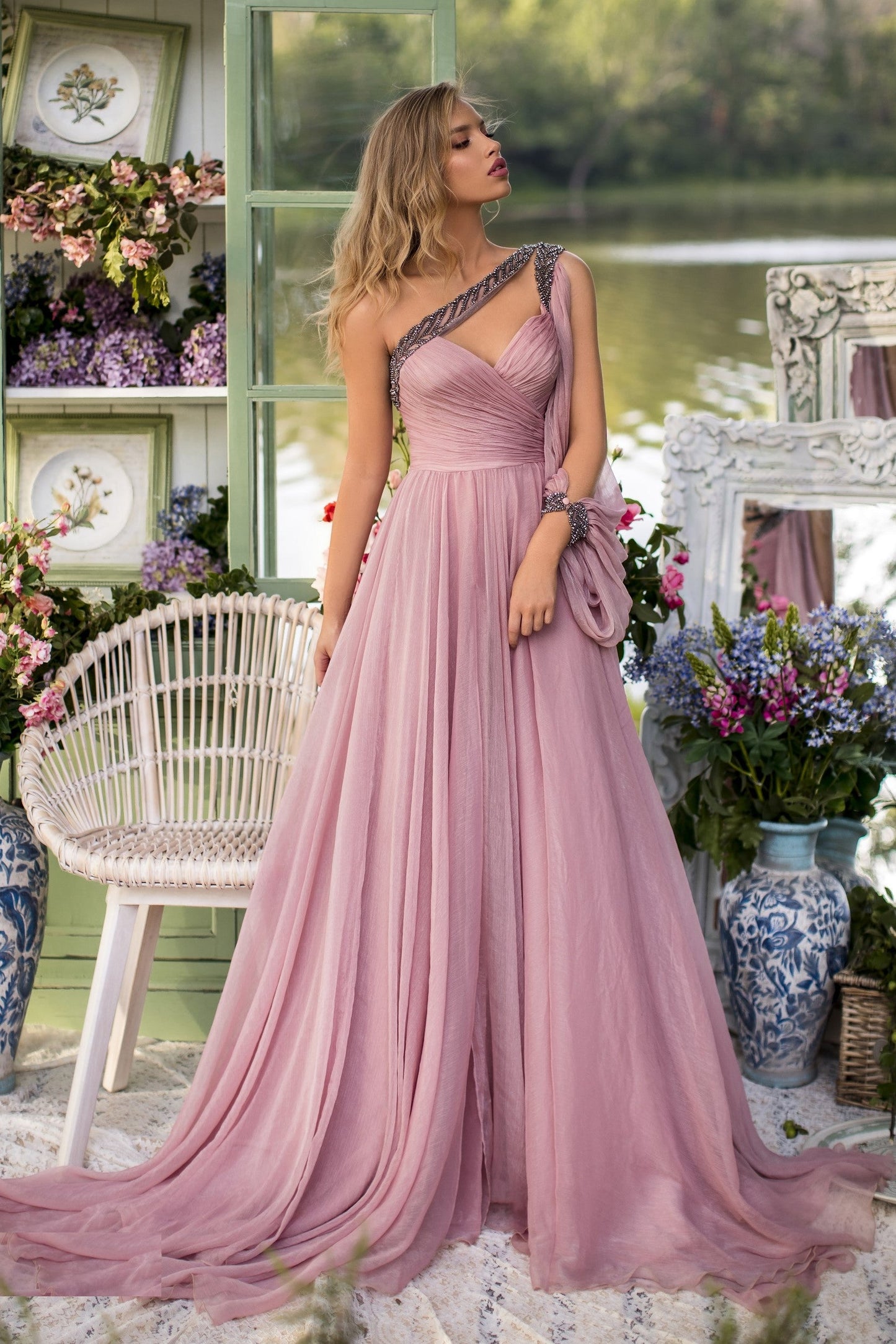 Phuket Beaded One Shoulder Chiffon Gown