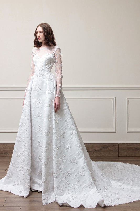 Long Sleeve Floral Lace Ball Gown