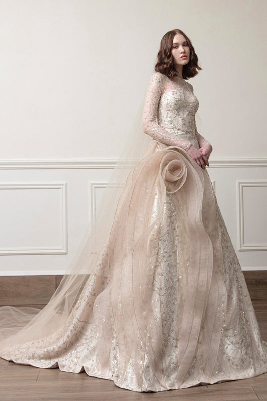 georges chakra gold wedding dress Chakra Custom Georges Chakra Gold Wedding Dress A Citrine Satin Gown Illuminated By Sheer Tulle Sleeves